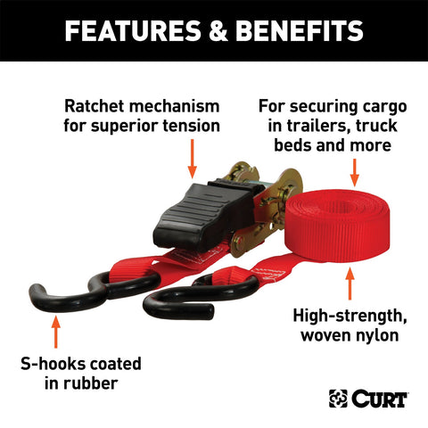 CURT 16ft. Red Cargo Straps with S-Hooks (500 lbs; 4-Pack)