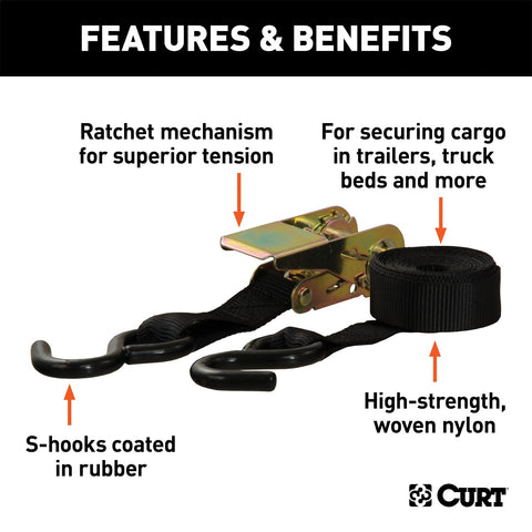 CURT 10ft. Black Cargo Straps with S-Hooks (500 lbs; 2-Pack)