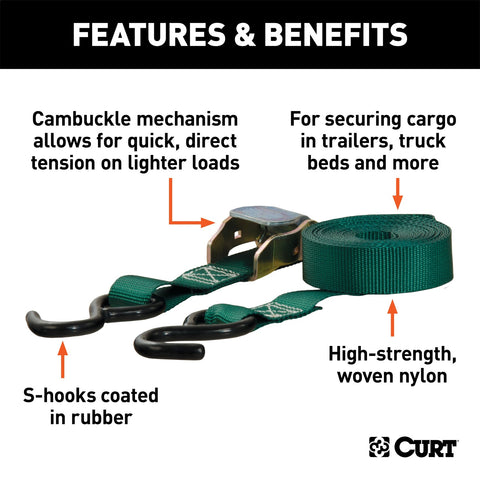 CURT 16ft. Dark Green Cargo Straps with S-Hooks (300 lbs; 4-Pack)