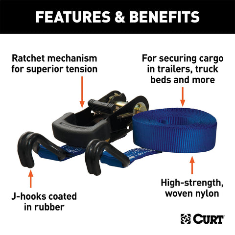CURT 16ft. Blue Cargo Straps with J-Hooks (733 lbs; 2-Pack)