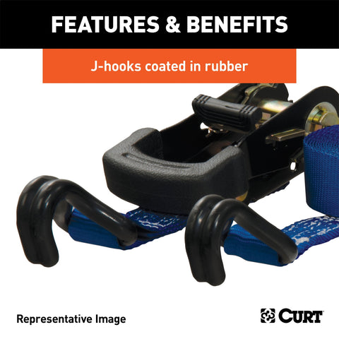 CURT 16ft. Blue Cargo Straps with J-Hooks (733 lbs; 2-Pack)