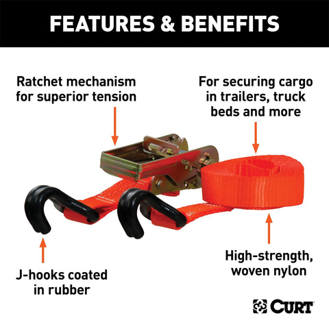 CURT 16ft. Orange Cargo Strap with J-Hooks (1;100 lbs.)