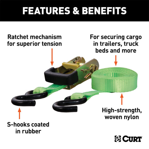CURT 16ft. Lime Green Cargo Strap with S-Hooks (1;100 lbs.)