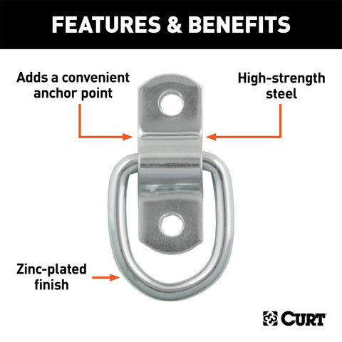 CURT 1in. x 1-1/4in. Surface-Mounted Tie-Down D-Ring (1;200 lbs; Clear Zinc)