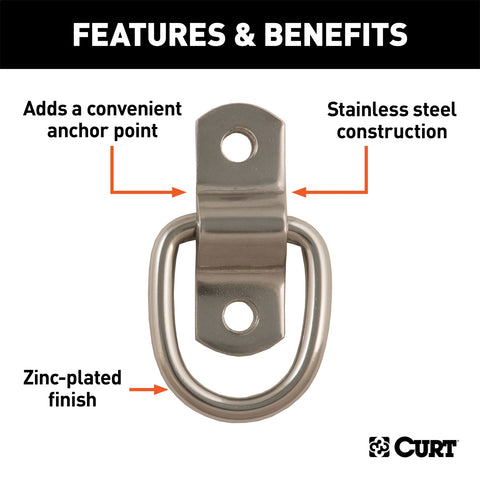 CURT 1in. x 1-1/4in. Surface-Mounted Tie-Down D-Ring (1;200 lbs; Stainless)