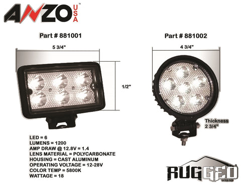 ANZO USA Rugged Vision LED Fog Light; Round; 4.5 in.; Black Housing; Pair;