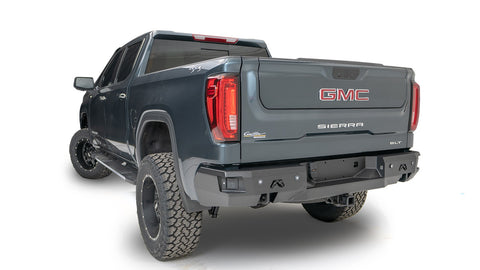 Fab Fours Premium Rear Bumper; 2 Stage Black Powder Coat; w/Blind Spot Monitor Mount;